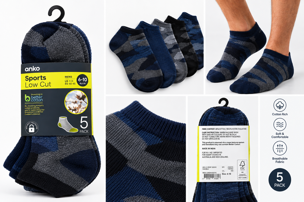 Anko Men’s Sports Low Cut Socks – 5 Pack – Blue Camo