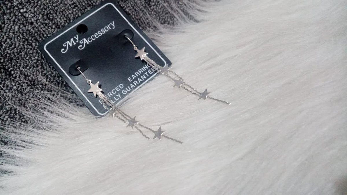 long silver star tassel drop earrings