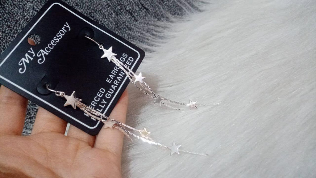 long silver star tassel drop earrings