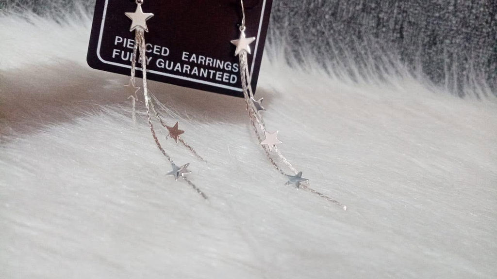 long silver star tassel drop earrings