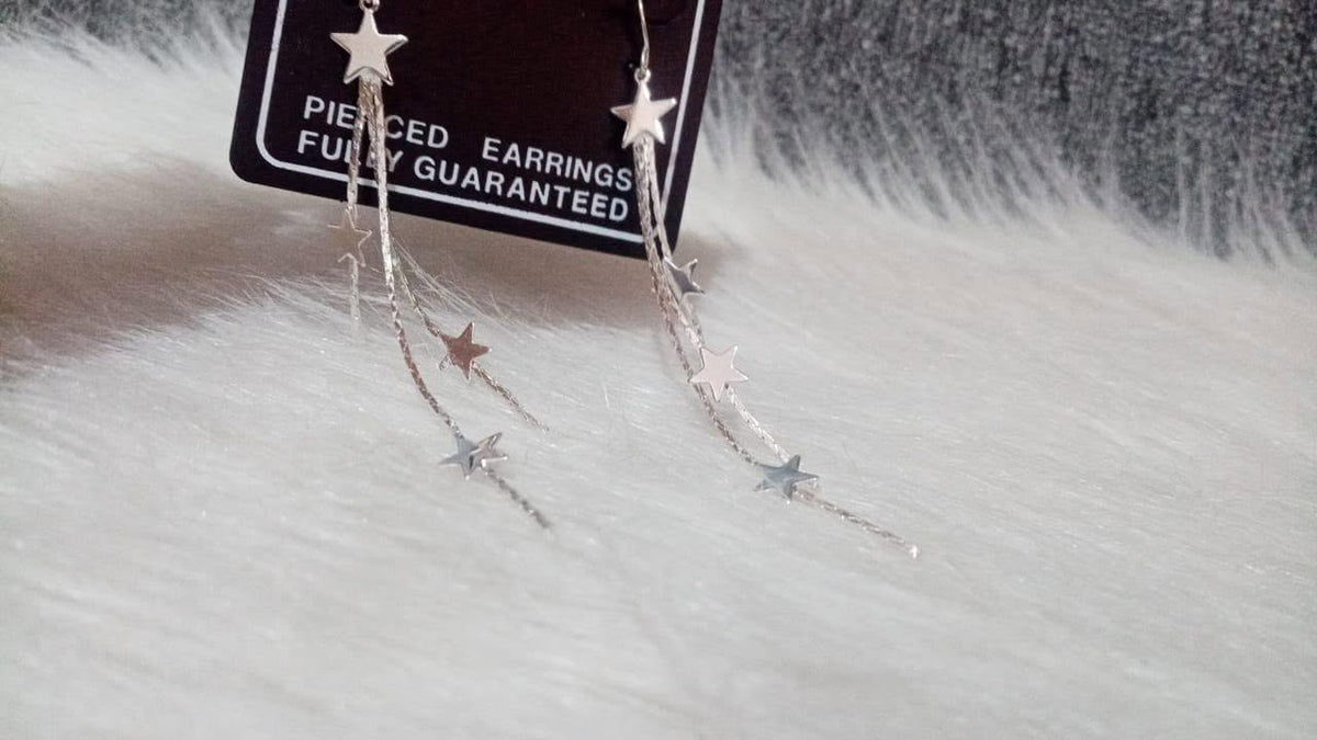 long silver star tassel drop earrings