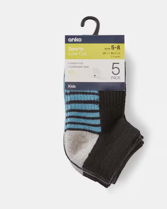 Anko Kids Sports Low Cut Socks – Cotton Rich Cushioned Foot – 5 Pack