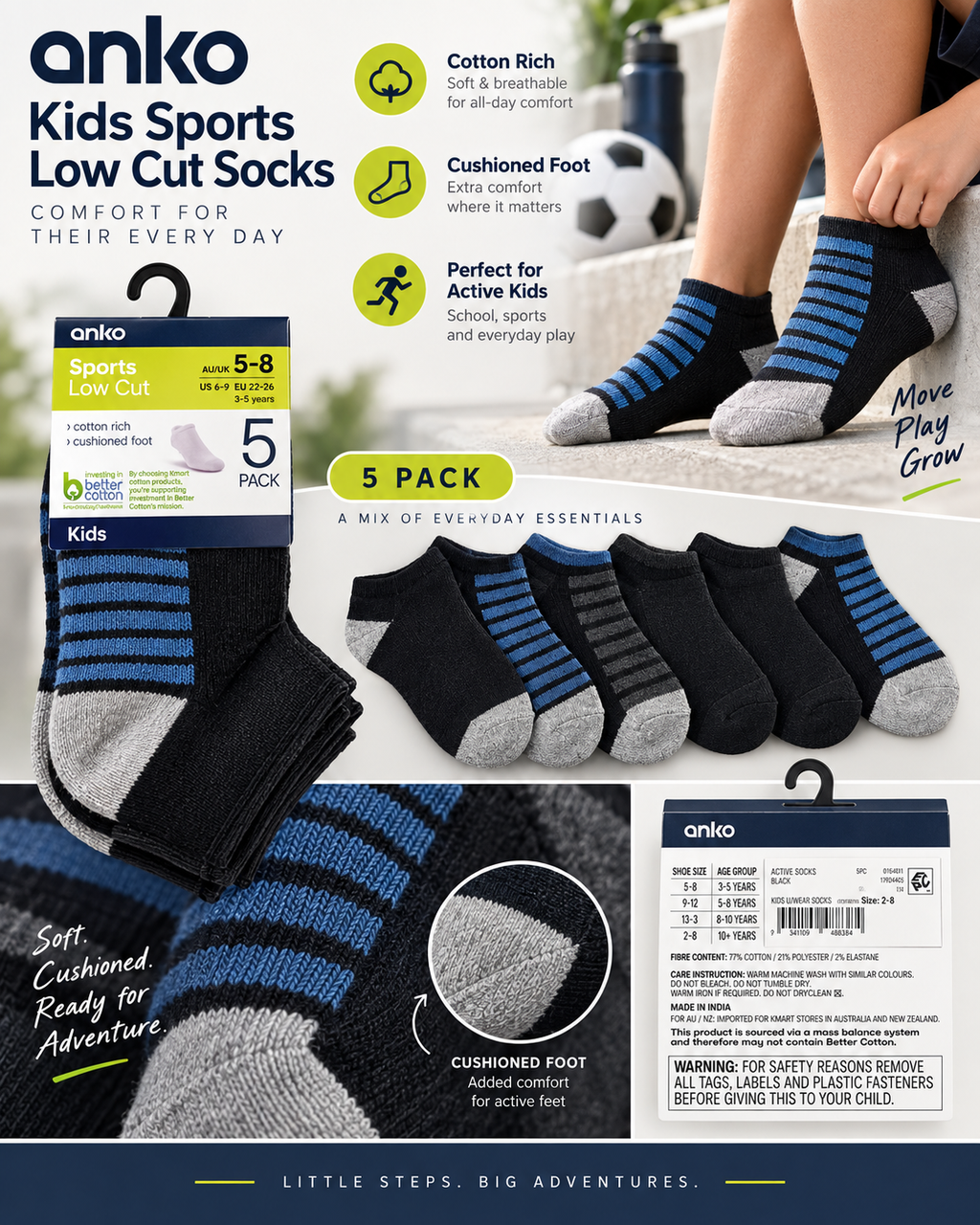 Anko Kids Sports Low Cut Socks – Cotton Rich Cushioned Foot – 5 Pack