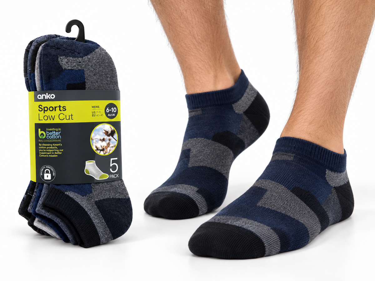 Anko Men’s Sports Low Cut Socks – 5 Pack – Blue Camo