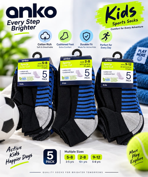 Anko Kids Sports Low Cut Socks – Cotton Rich Cushioned Foot – 5 Pack