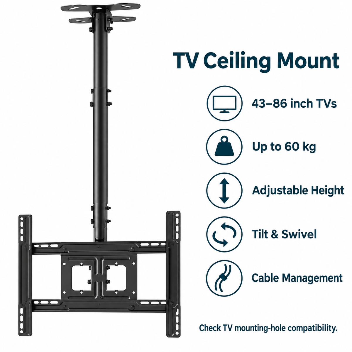 Heavy-Duty Adjustable TV Ceiling Mount – 43–86 Inches