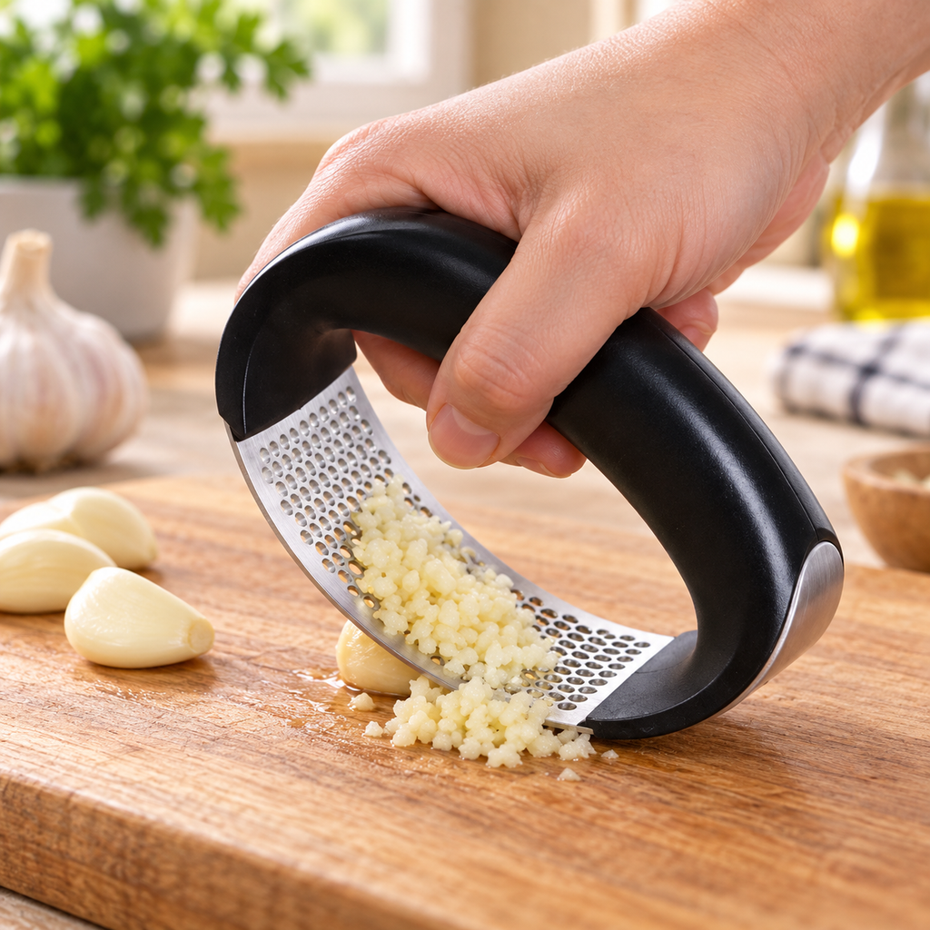 Garlic Rocker Press with Black Handle