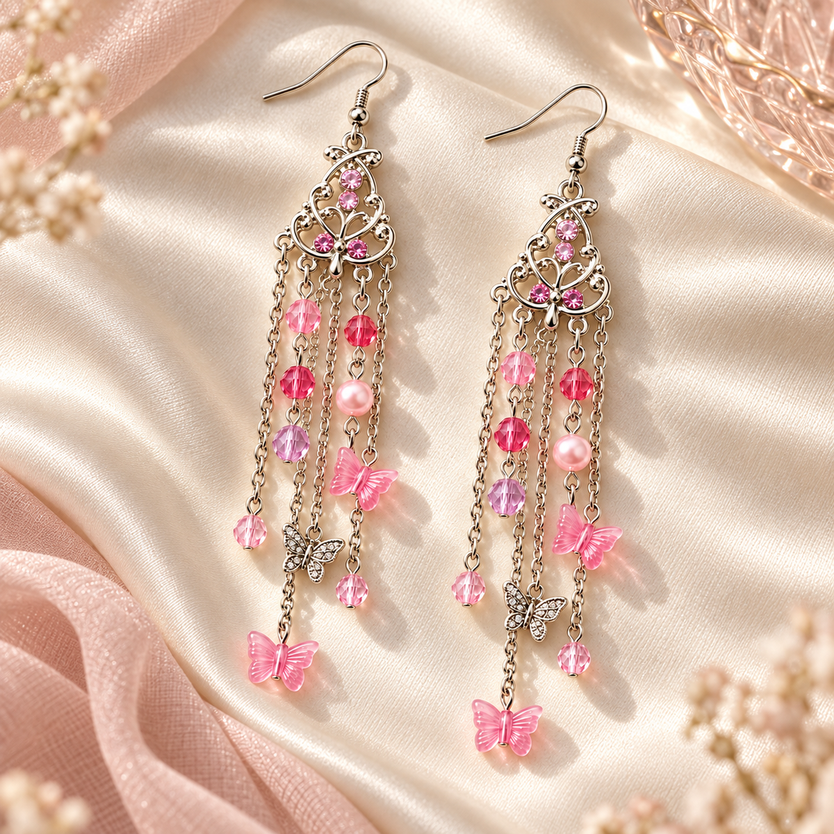 Pink Butterfly & Bead Chandelier Earrings – Silver-Tone