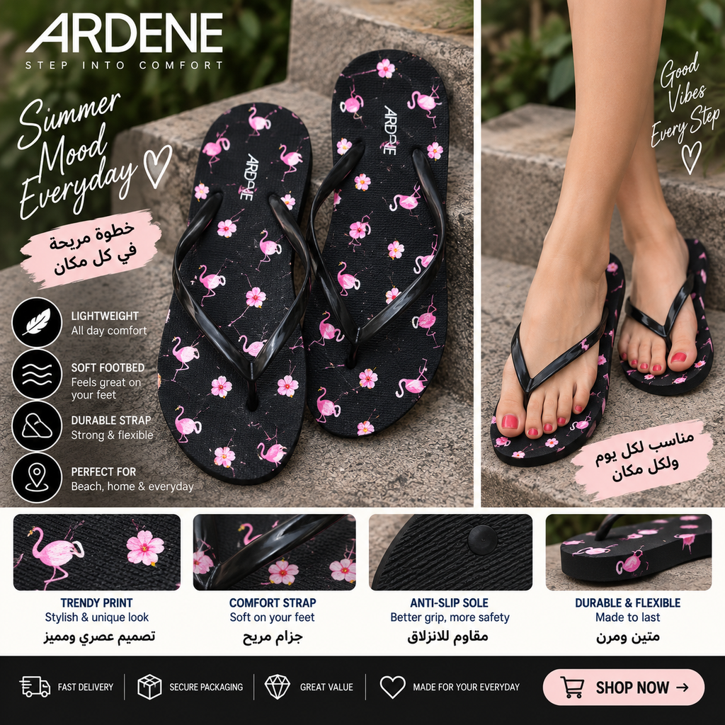 ARDENE Pink Flamingo & Floral Print Flip-Flops – Black