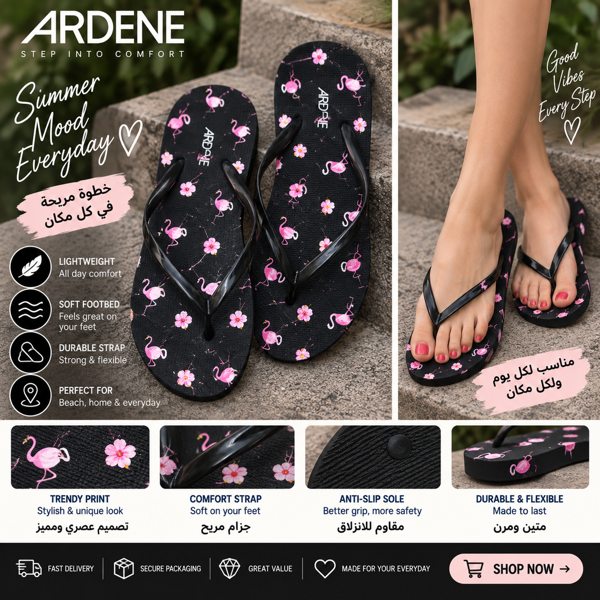 ARDENE Pink Flamingo & Floral Print Flip-Flops – Black