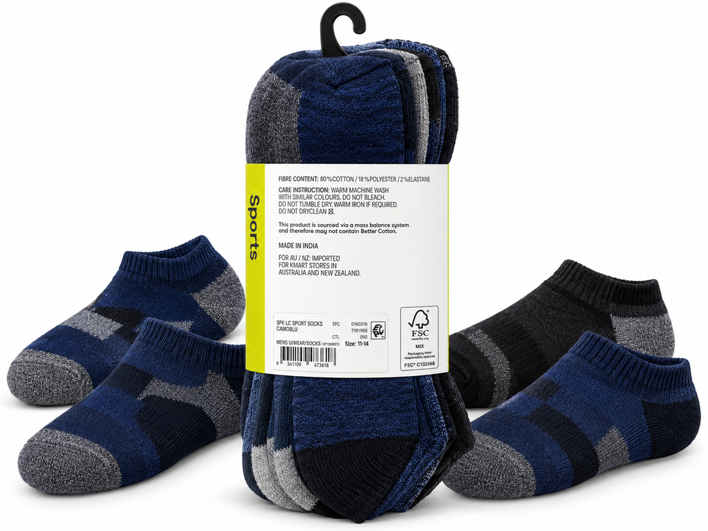 Anko Men’s Sports Low Cut Socks – 5 Pack – Blue Camo