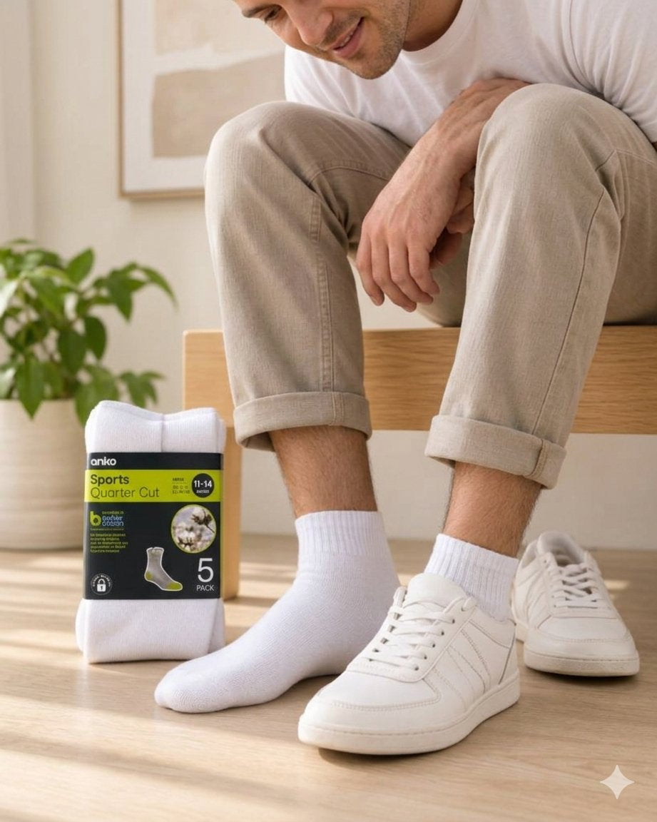 Anko Men's Sports Quarter Cut Socks – 5 Pack (White)