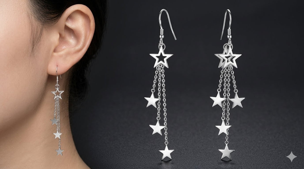 long silver star tassel drop earrings