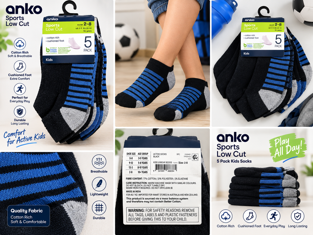 Anko Kids Sports Low Cut Socks – Cotton Rich Cushioned Foot – 5 Pack