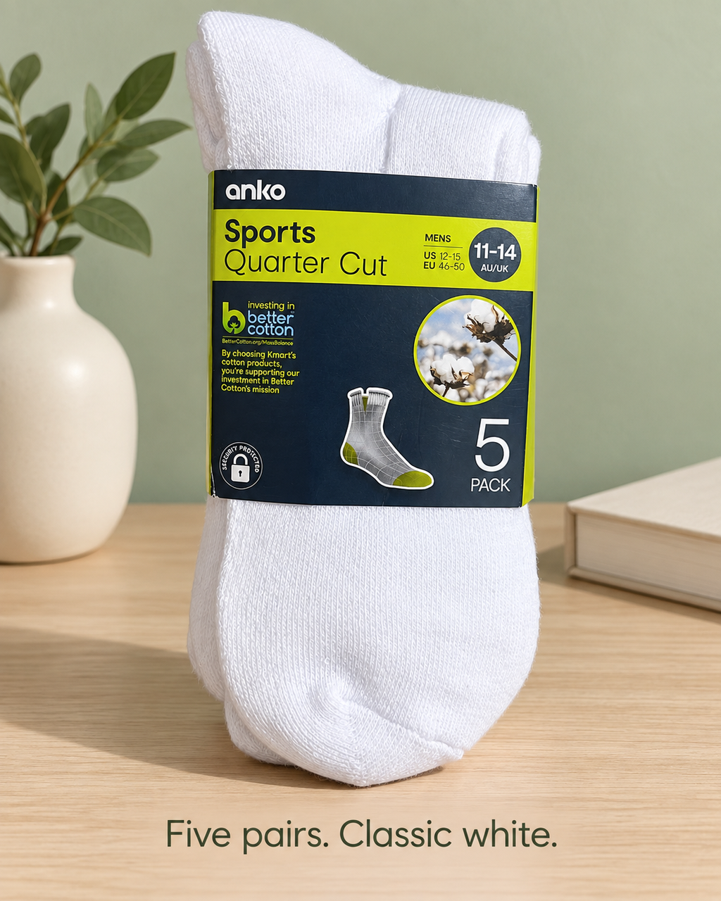 Anko Men's Sports Quarter Cut Socks – 5 Pack (White)