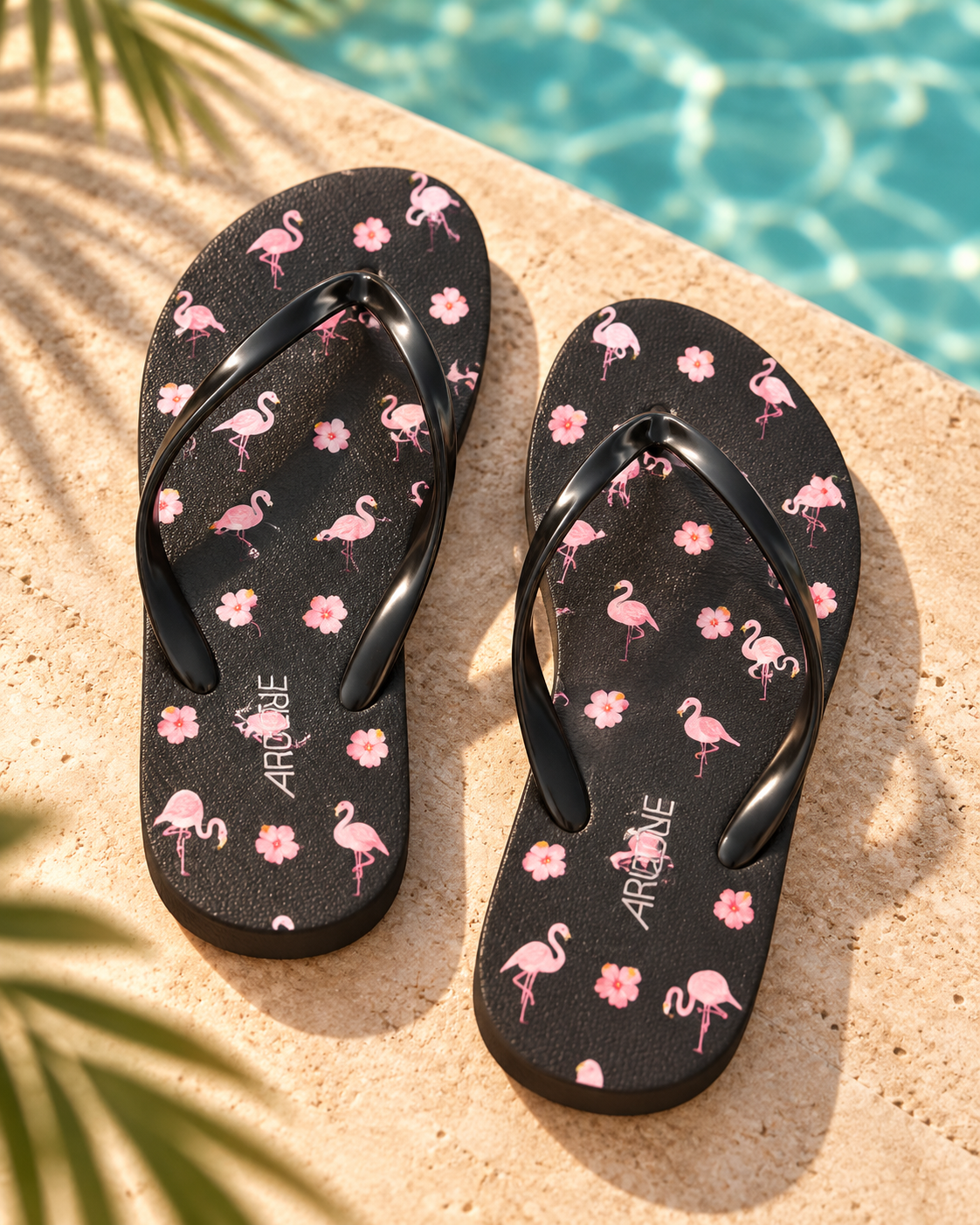 ARDENE Pink Flamingo & Floral Print Flip-Flops – Black