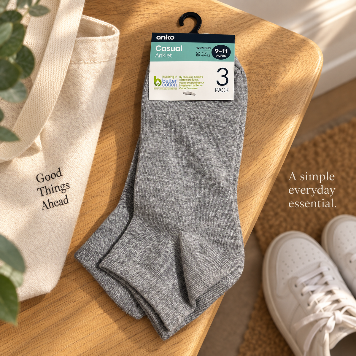 Anko Women's Casual Anklet Socks – 3 Pack (Grey)