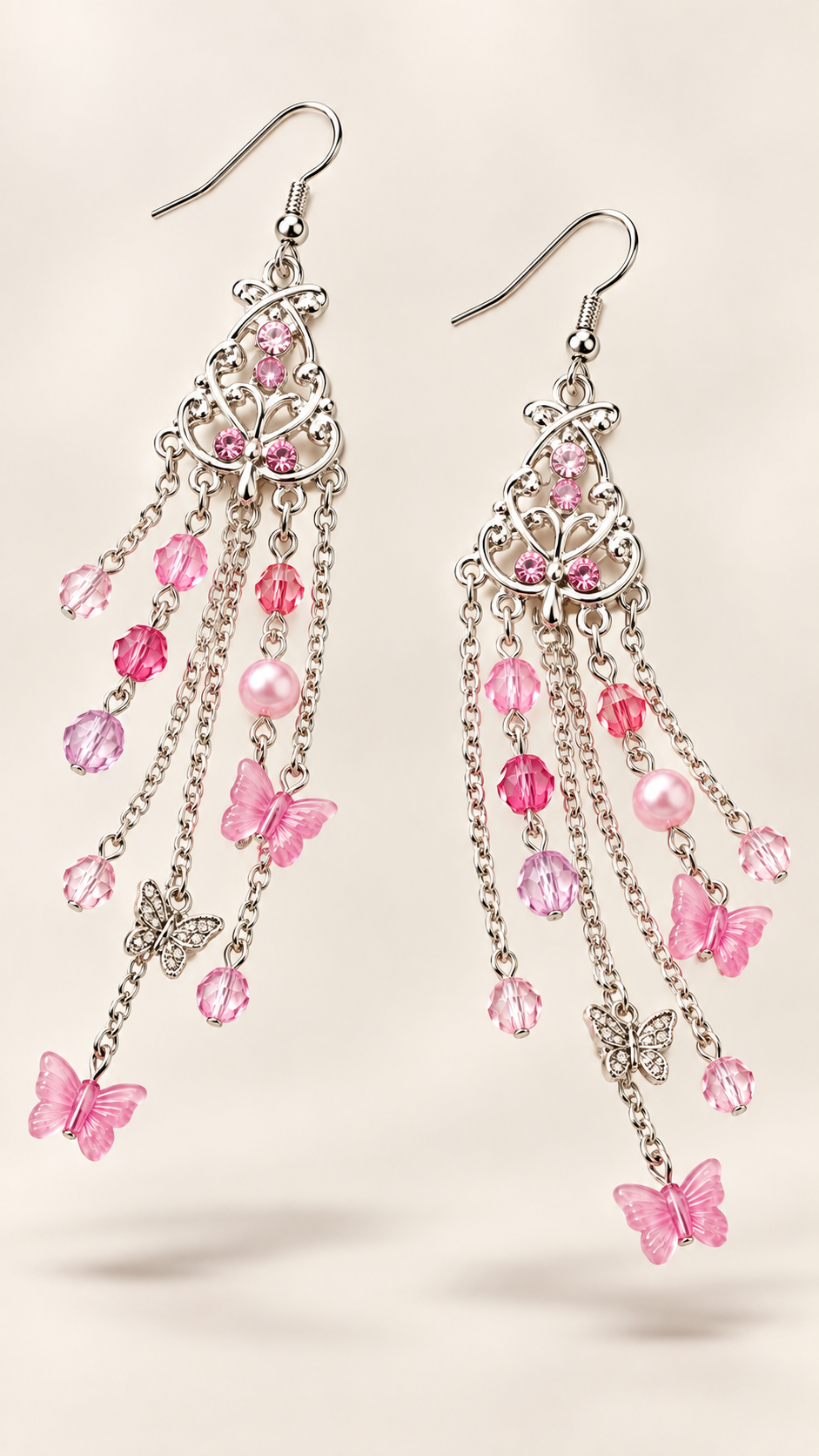 Pink Butterfly & Bead Chandelier Earrings – Silver-Tone
