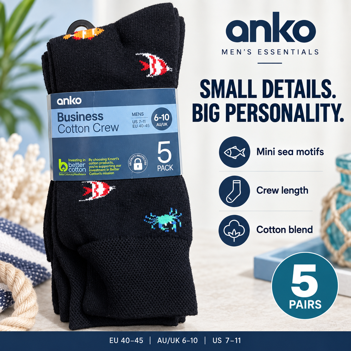 Anko Men’s Business Cotton Crew – Mini Sea