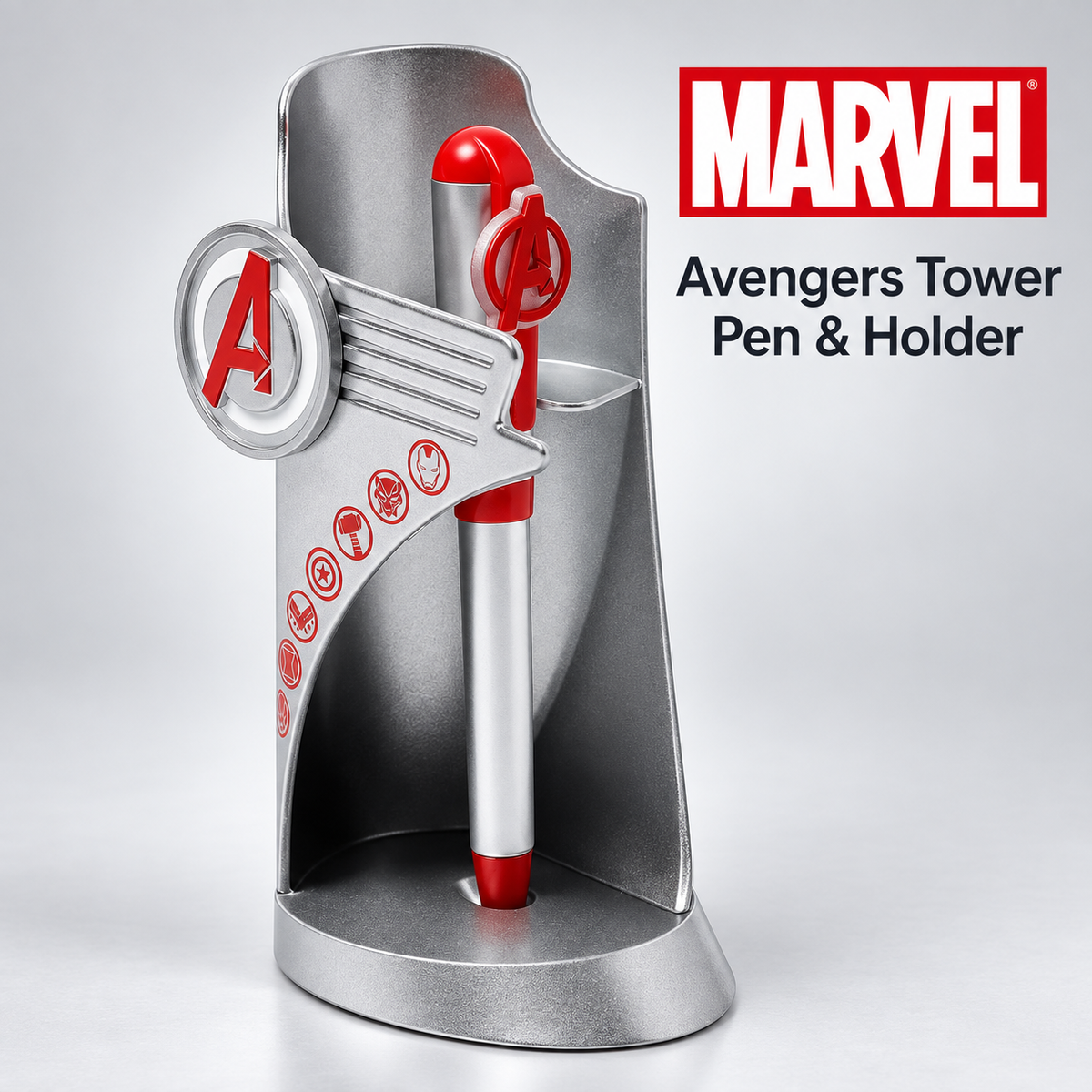 Marvel Avengers Tower Pen with Holder – Silver & Red