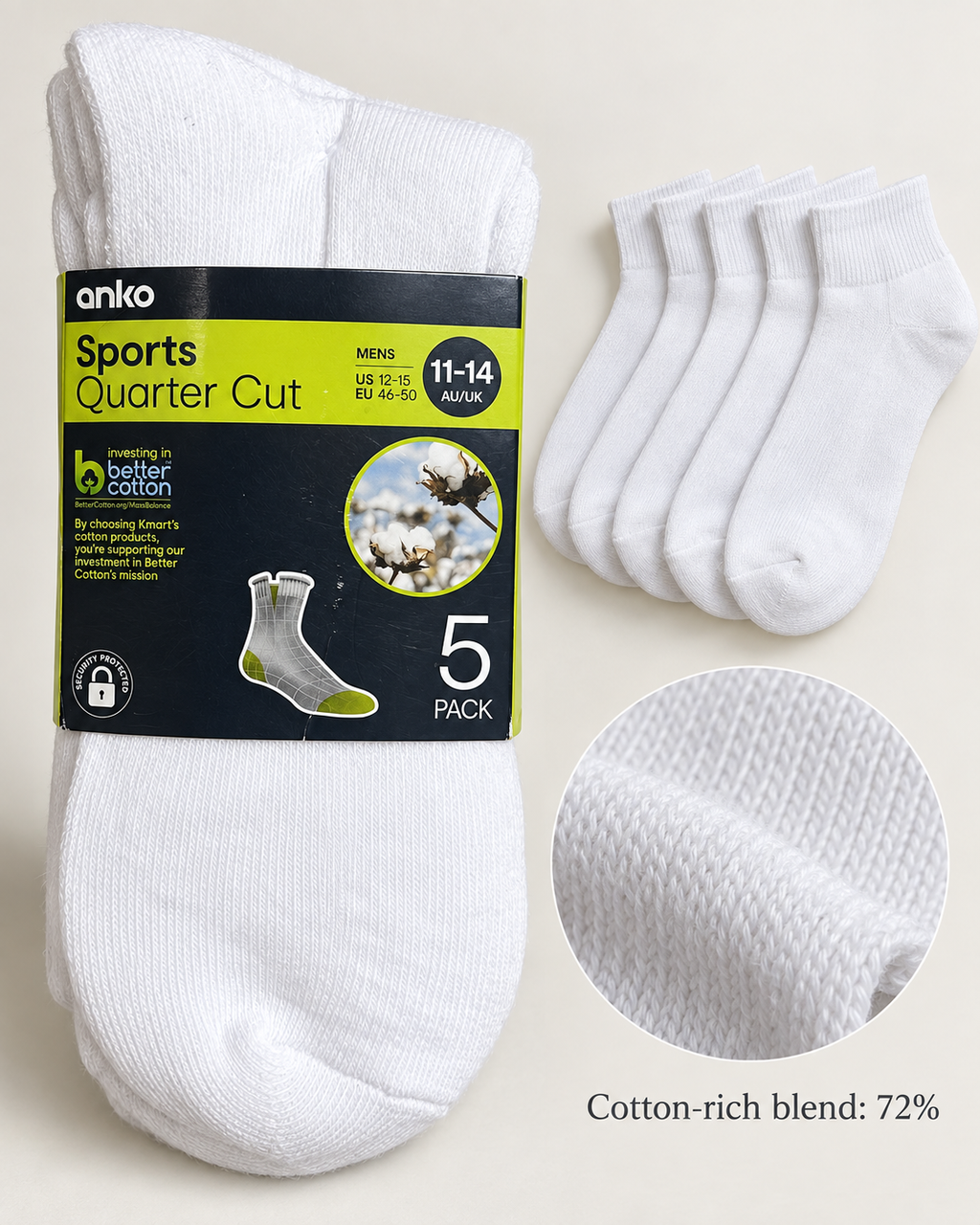 Anko Men's Sports Quarter Cut Socks – 5 Pack (White)