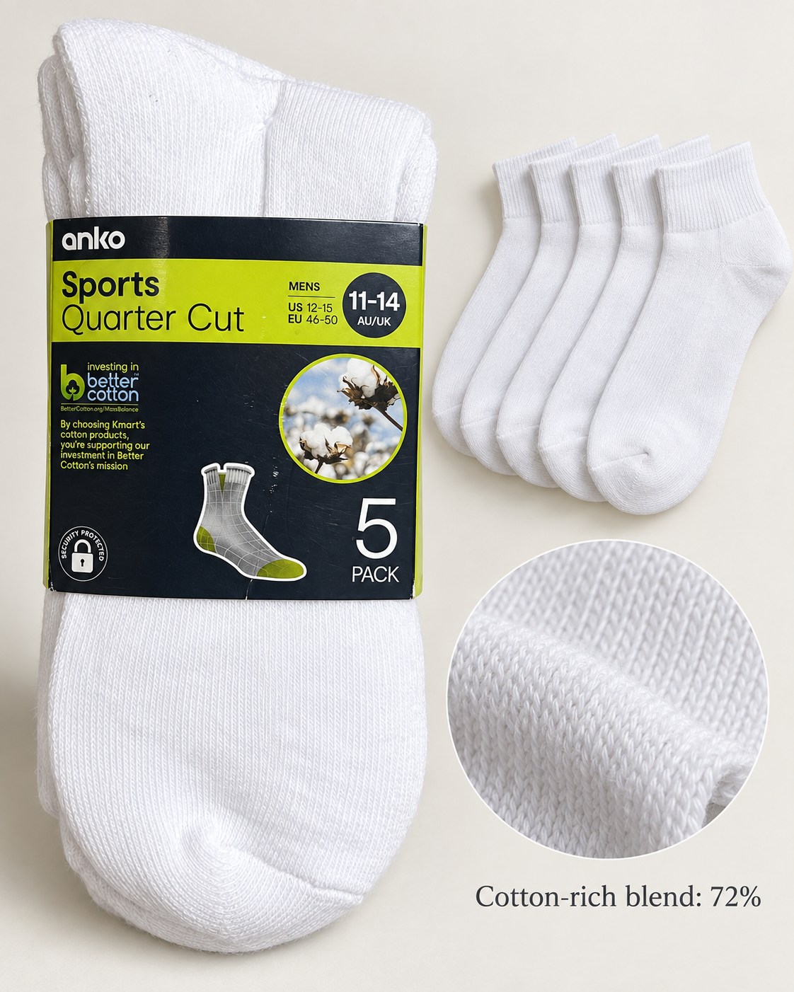 Anko Men's Sports Quarter Cut Socks – 5 Pack (White)