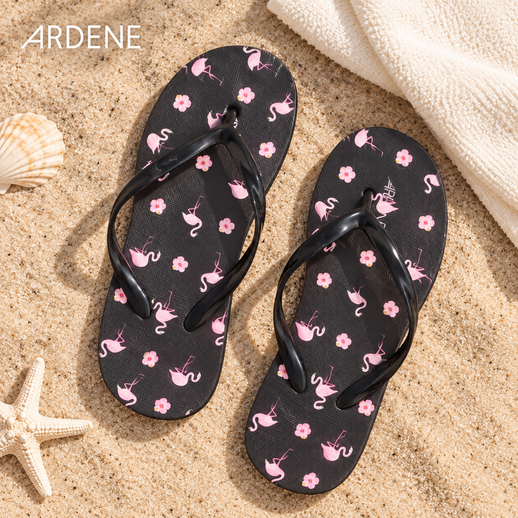 ARDENE Pink Flamingo & Floral Print Flip-Flops – Black