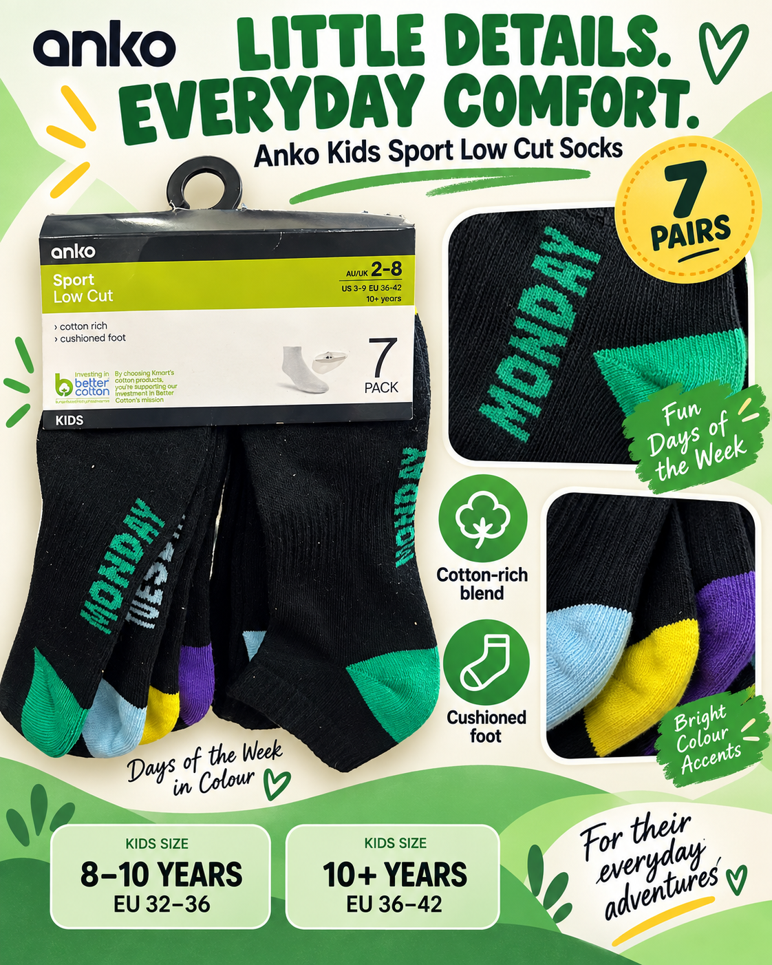 7-pack of Anko Kids Sport Low Cut Socks (Days)