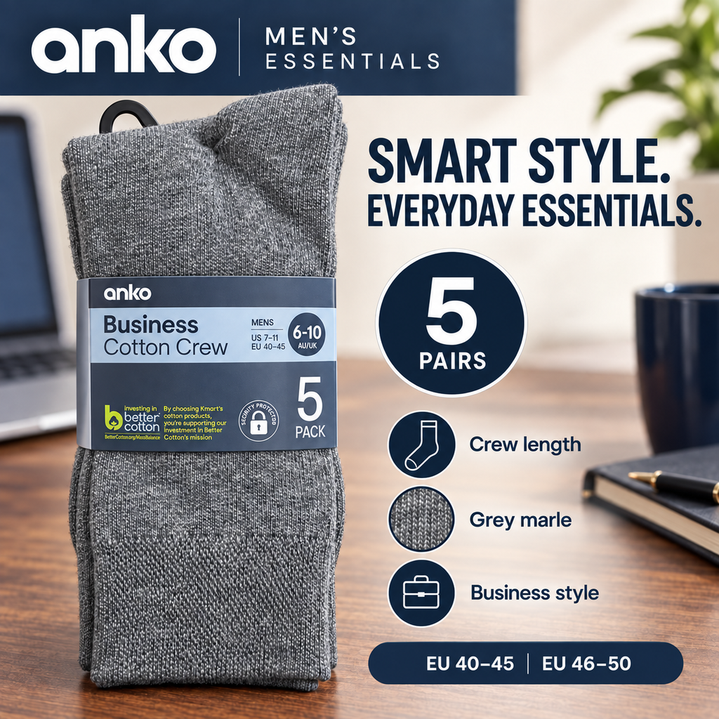 Anko Men’s Business Cotton Crew Socks (Grey)