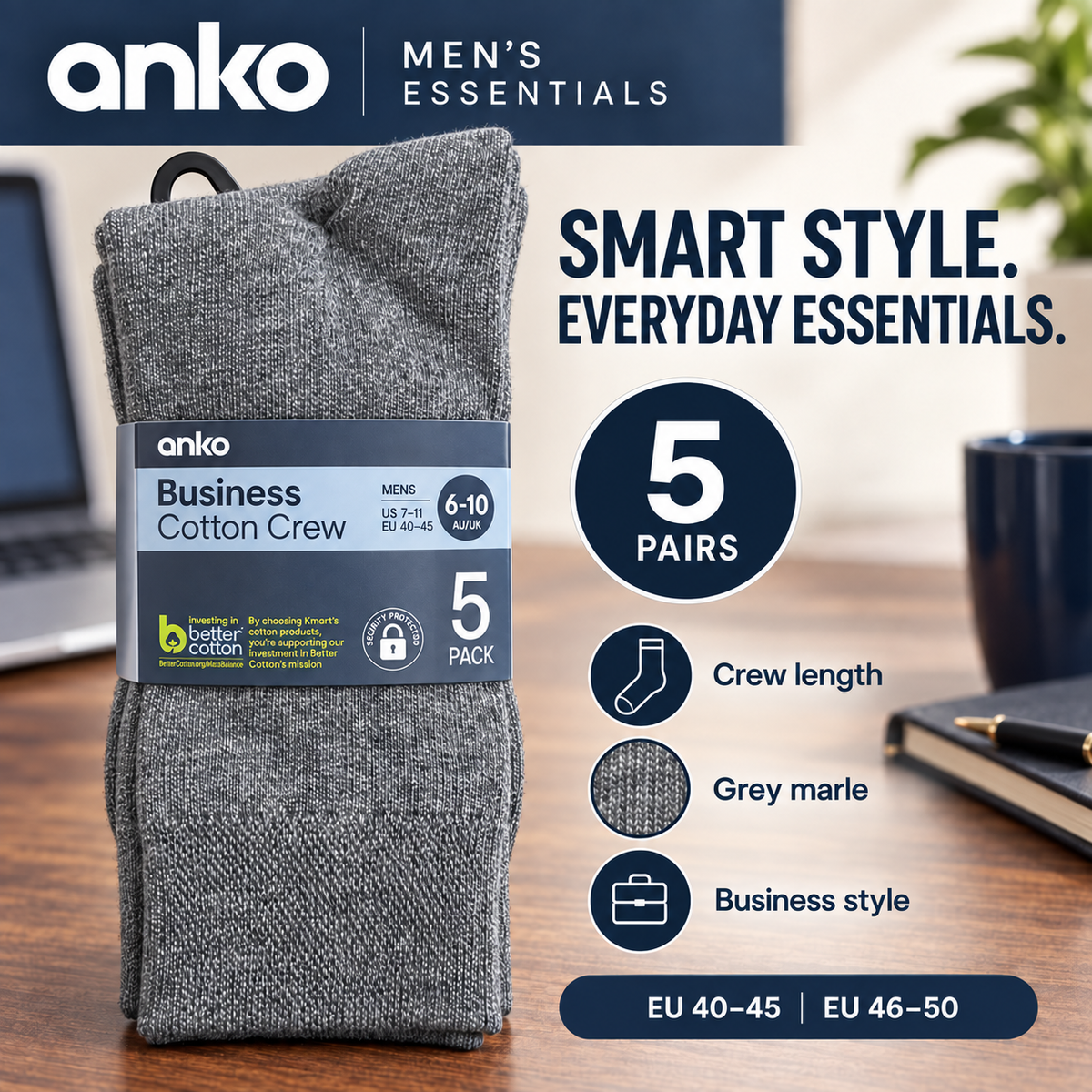 Anko Men’s Business Cotton Crew Socks (Grey)