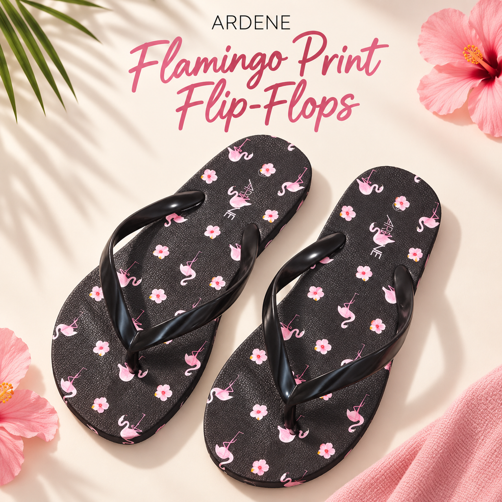 ARDENE Pink Flamingo & Floral Print Flip-Flops – Black