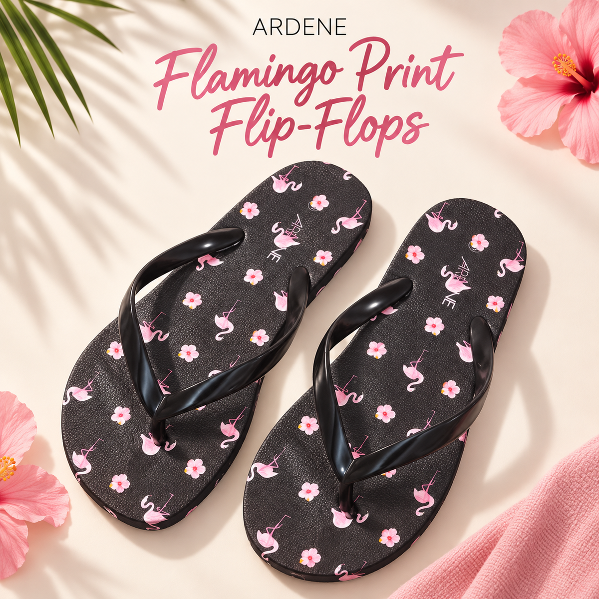 ARDENE Pink Flamingo & Floral Print Flip-Flops – Black