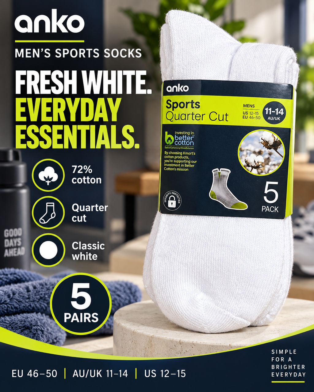 Anko Men's Sports Quarter Cut Socks – 5 Pack (White)
