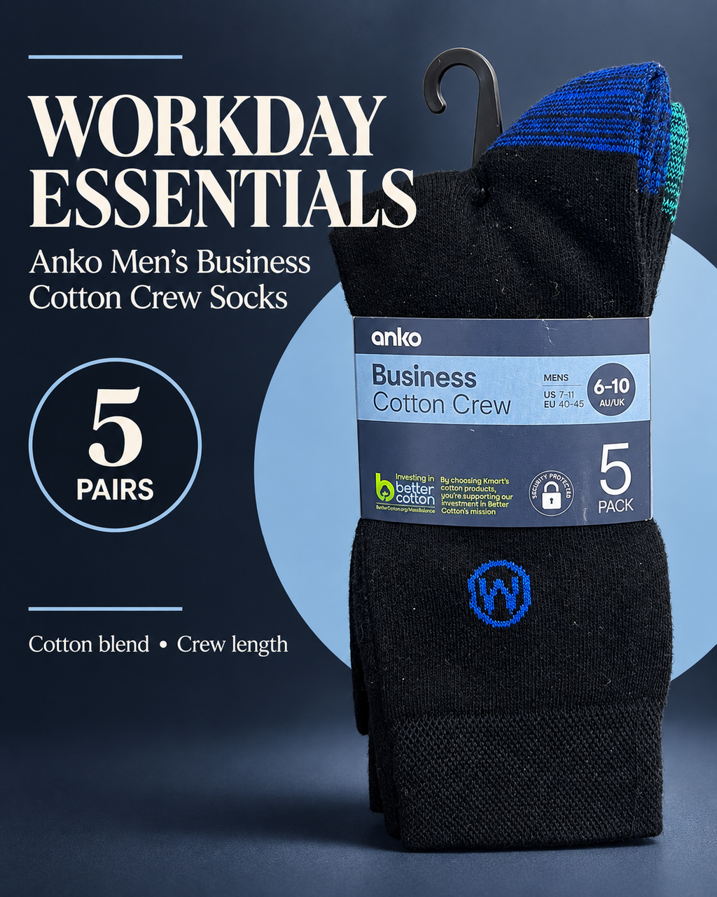 Anko Men’s Business Cotton Crew Socks (Pack 5)