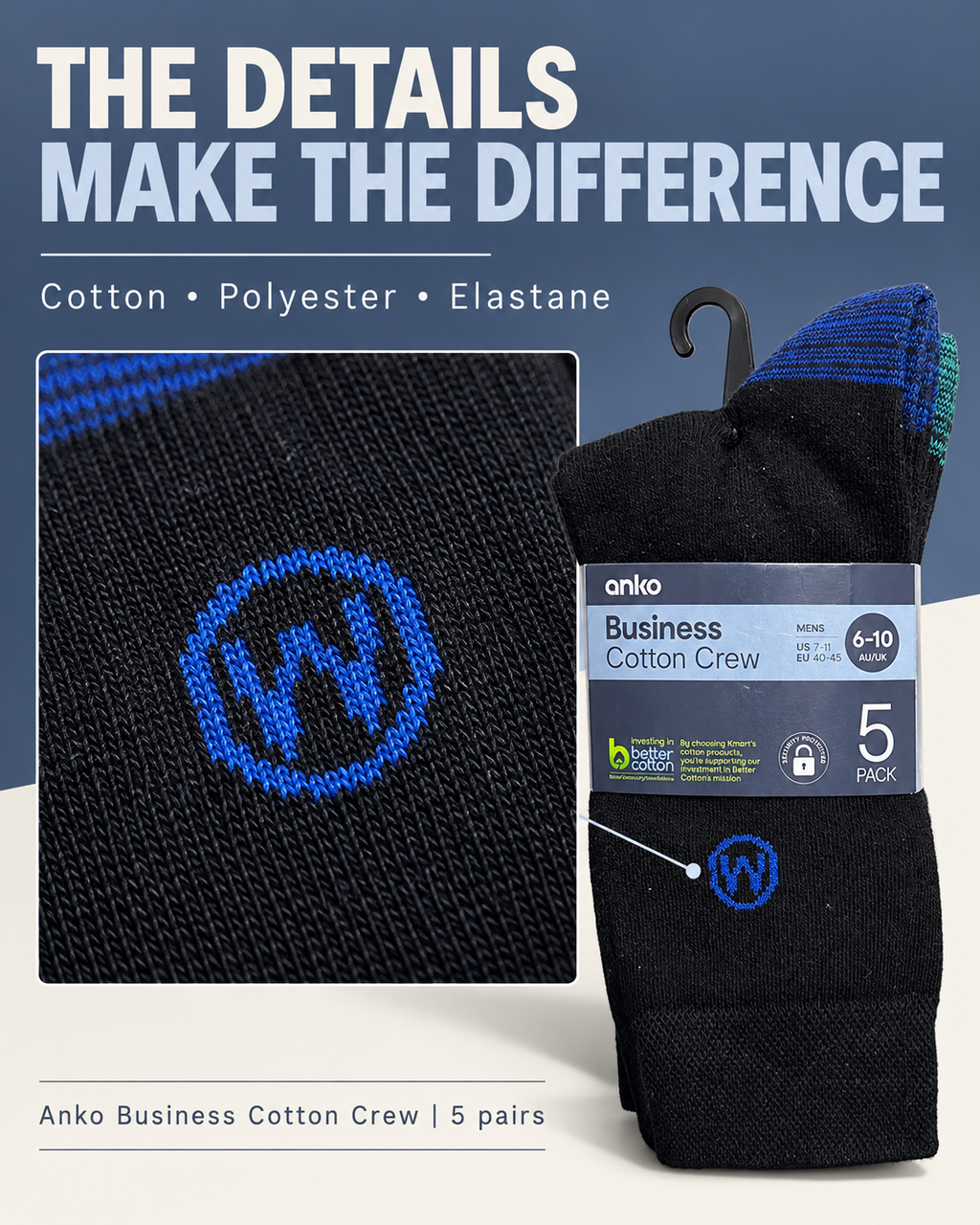 Anko Men’s Business Cotton Crew Socks (Pack 5)