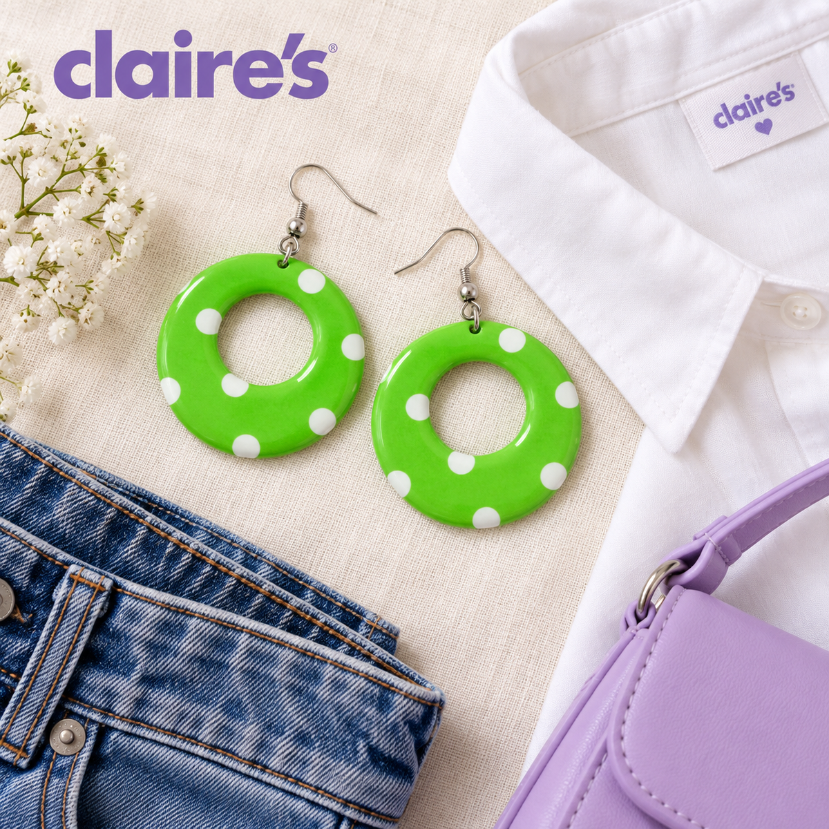 Claire’s Green & White Polka Dot Drop Earrings