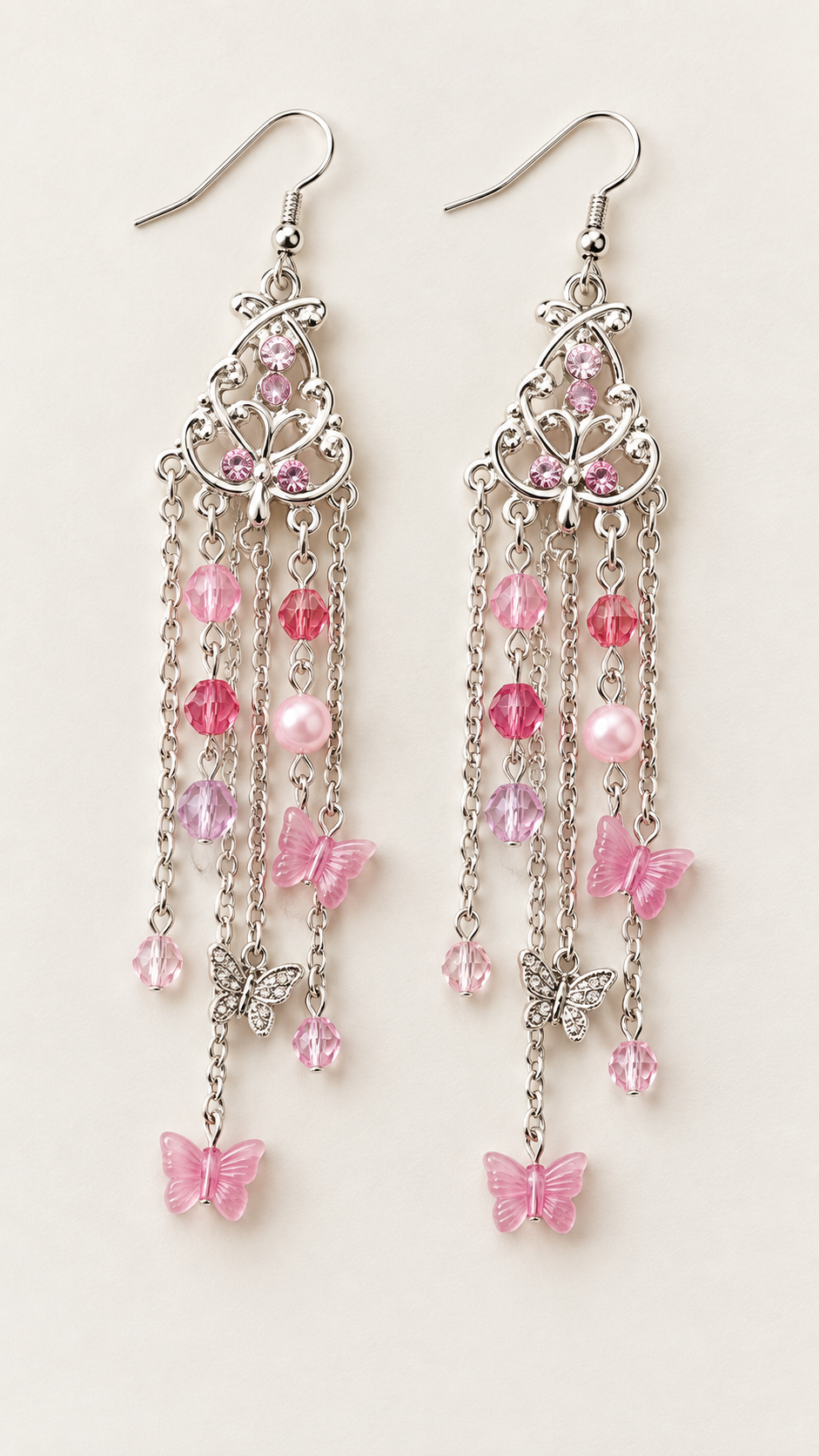 Pink Butterfly & Bead Chandelier Earrings – Silver-Tone