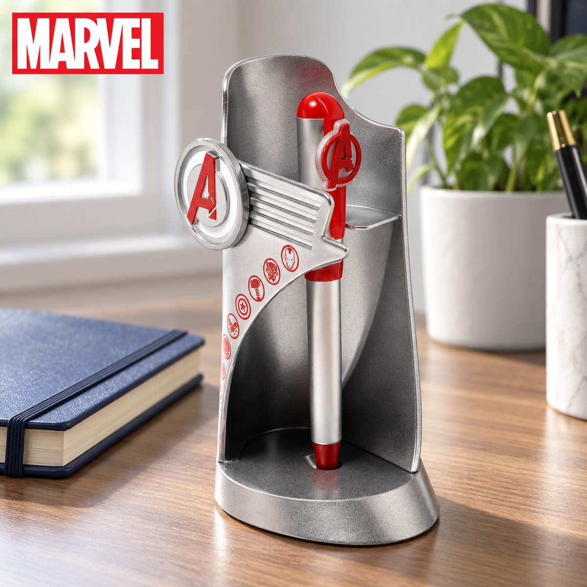 Marvel Avengers Tower Pen with Holder – Silver & Red