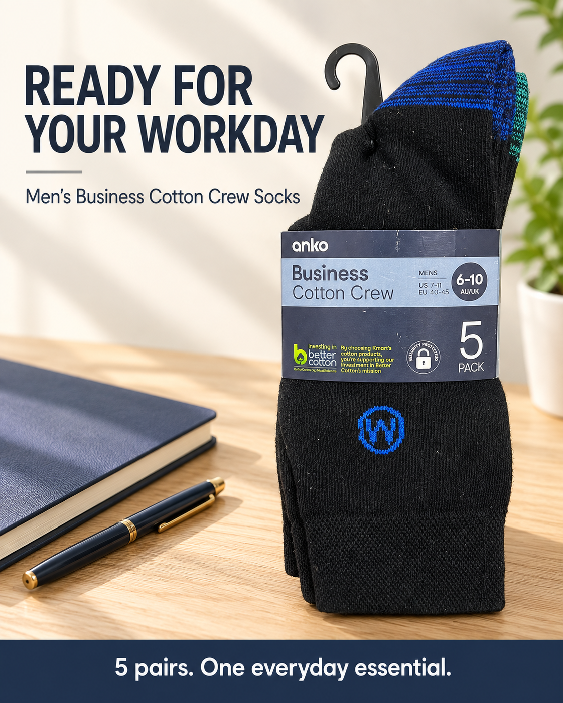 Anko Men’s Business Cotton Crew Socks (Pack 5)