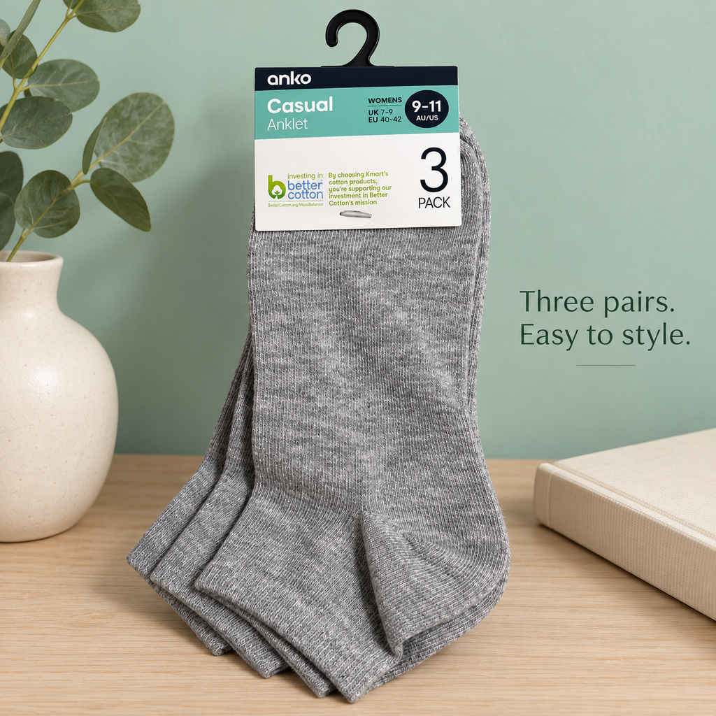 Anko Women's Casual Anklet Socks – 3 Pack (Grey)