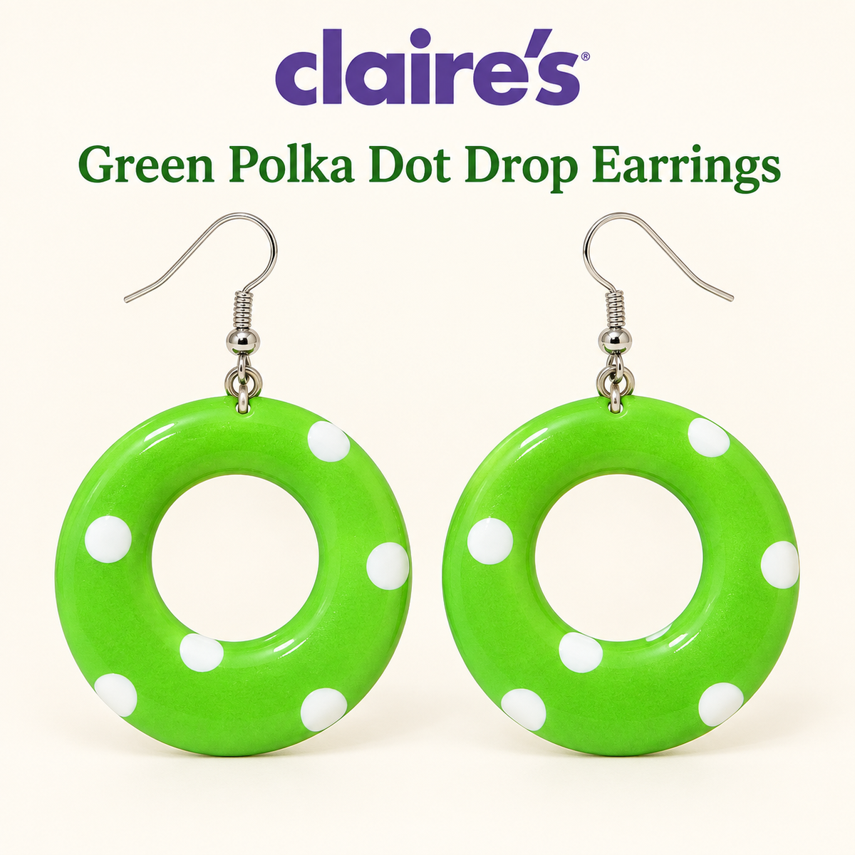 Claire’s Green & White Polka Dot Drop Earrings