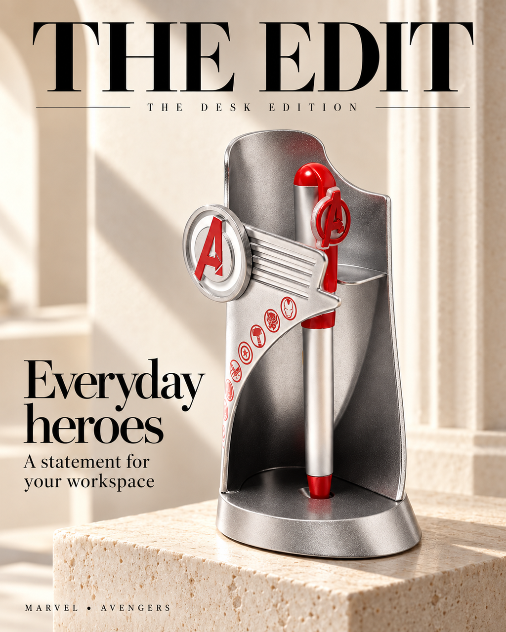 Marvel Avengers Tower Pen with Holder – Silver & Red