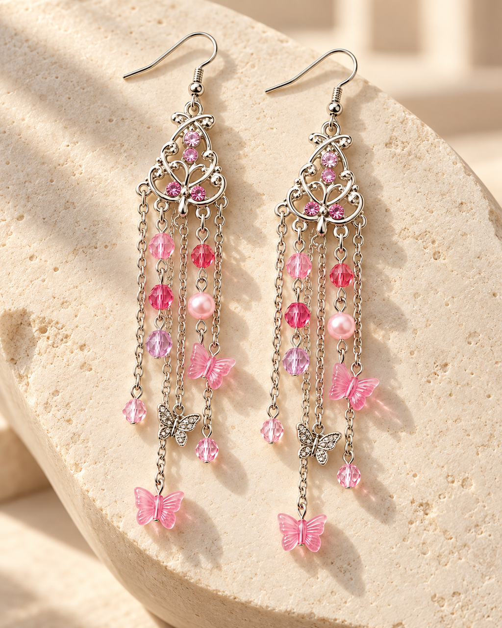 Pink Butterfly & Bead Chandelier Earrings – Silver-Tone