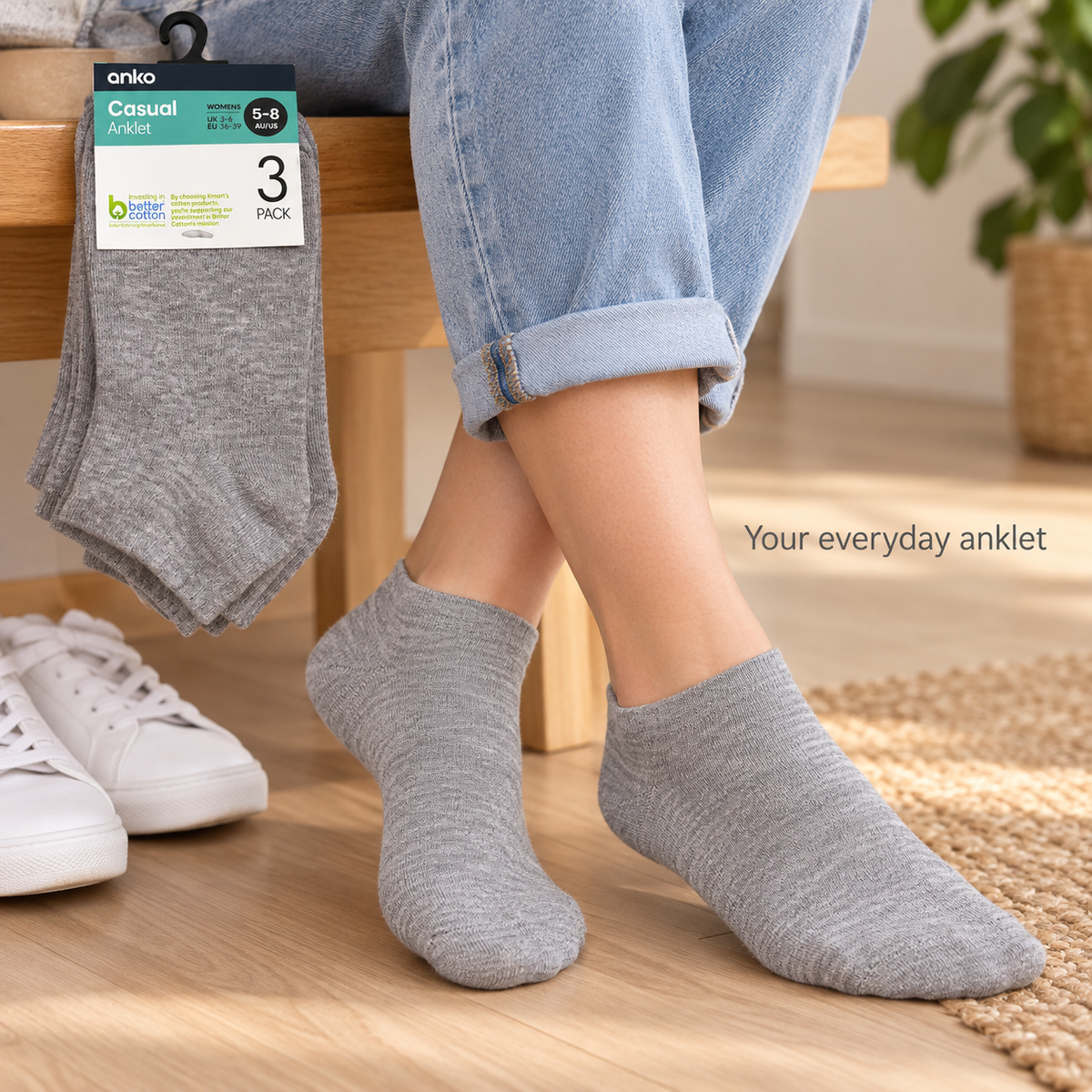Anko Women's Casual Anklet Socks – 3 Pack (Grey)