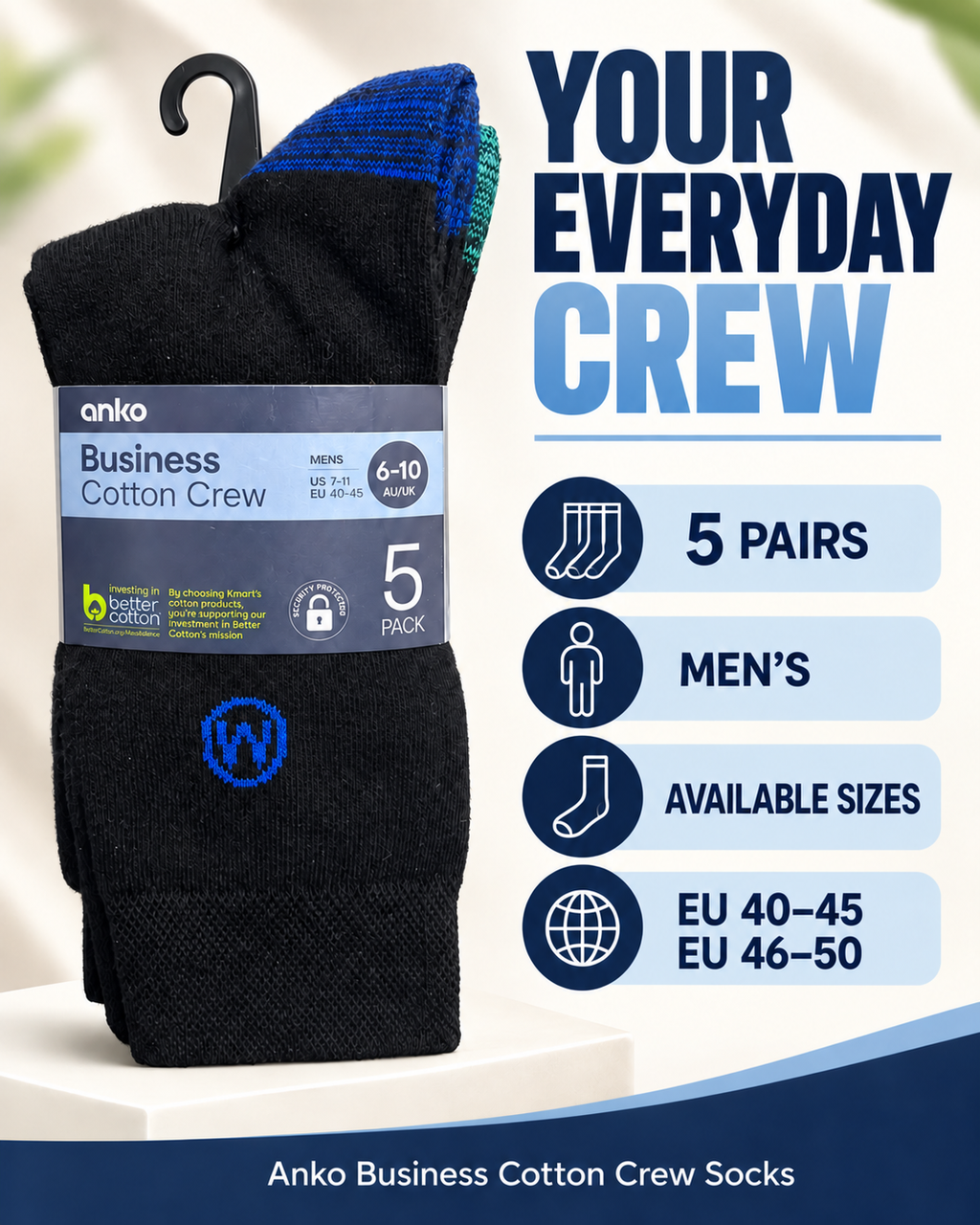 Anko Men’s Business Cotton Crew Socks (Pack 5)
