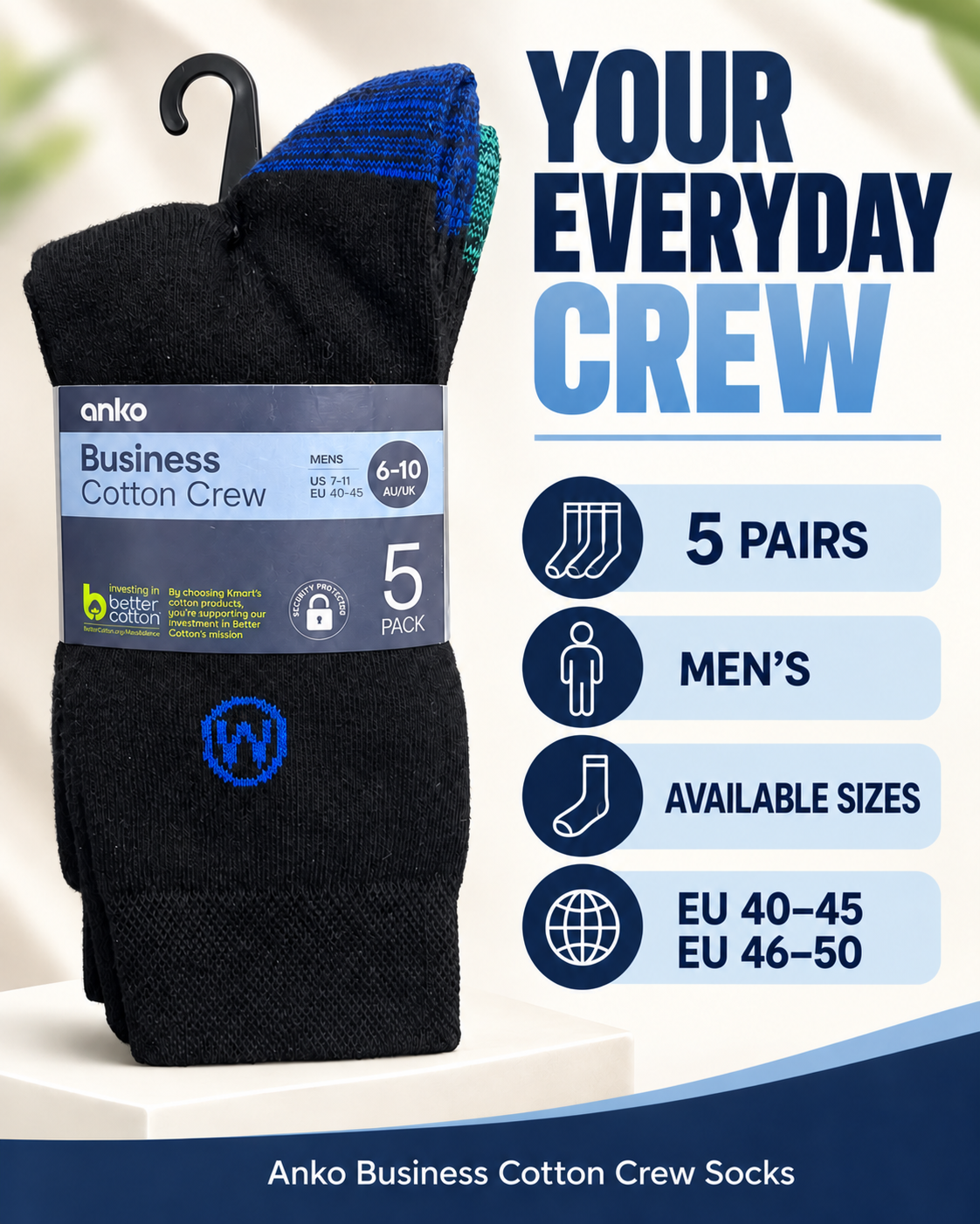 Anko Men’s Business Cotton Crew Socks (Pack 5)
