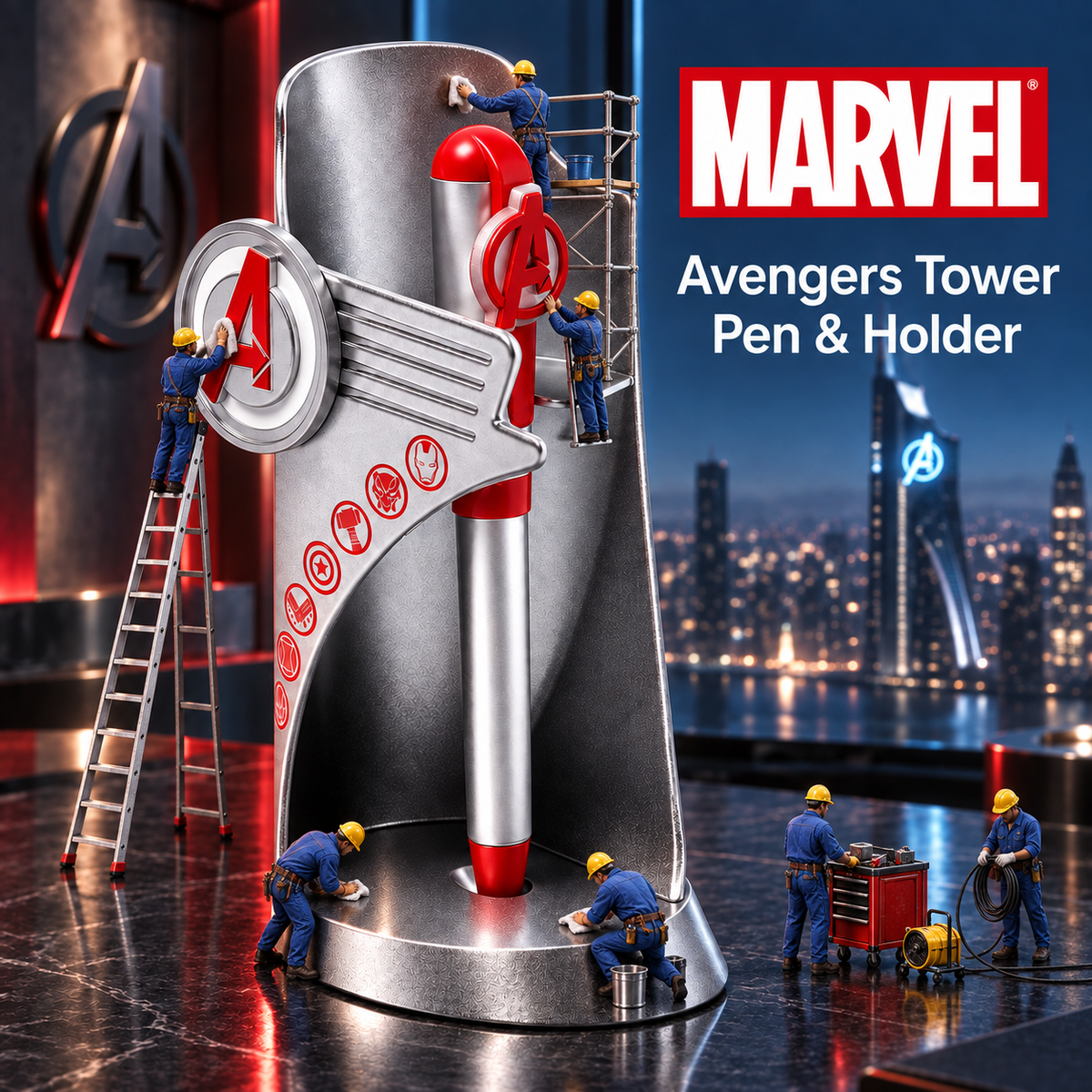 Marvel Avengers Tower Pen with Holder – Silver & Red