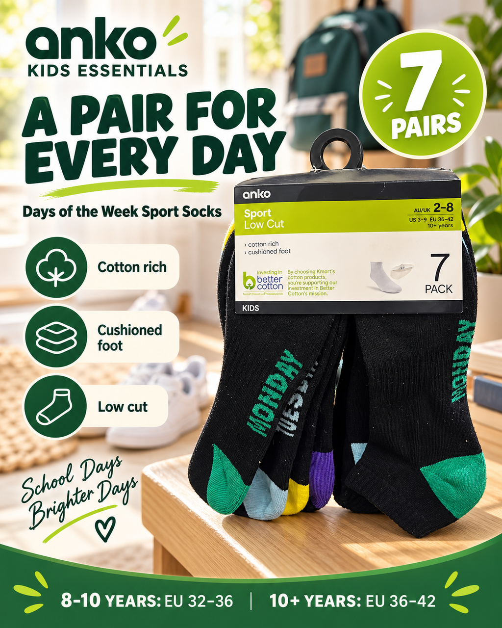 7-pack of Anko Kids Sport Low Cut Socks (Days)