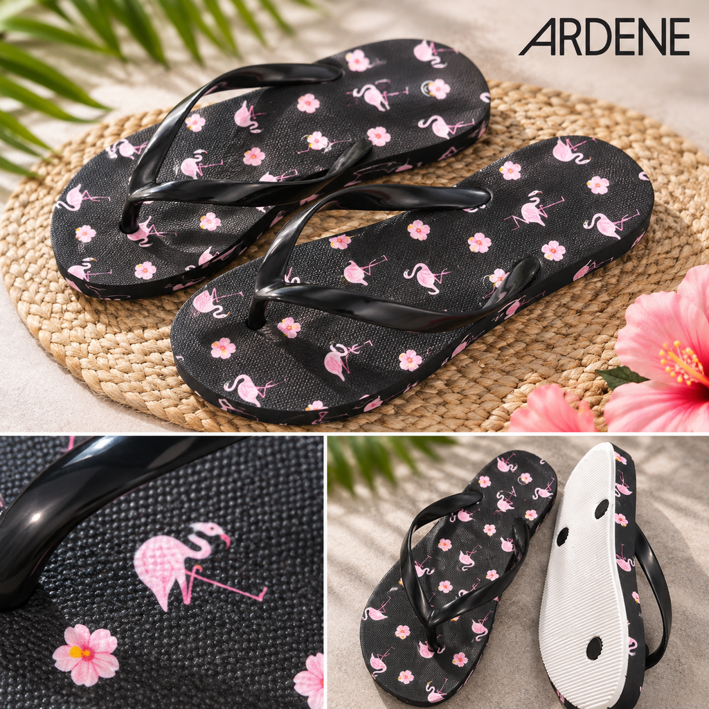 ARDENE Pink Flamingo & Floral Print Flip-Flops – Black