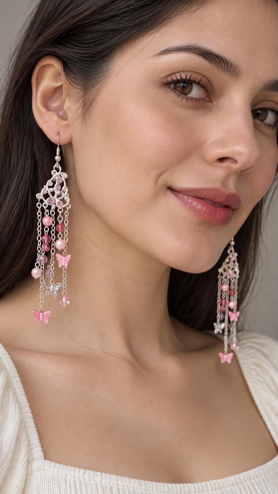 Pink Butterfly & Bead Chandelier Earrings – Silver-Tone